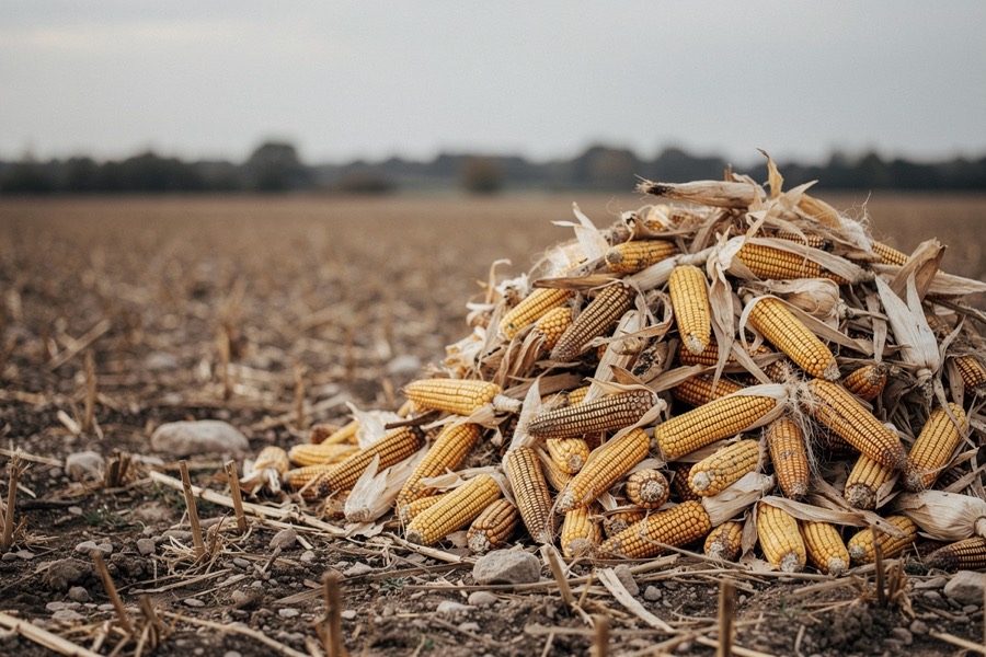 A heap of dried maize cobs and stalks in a harvested field