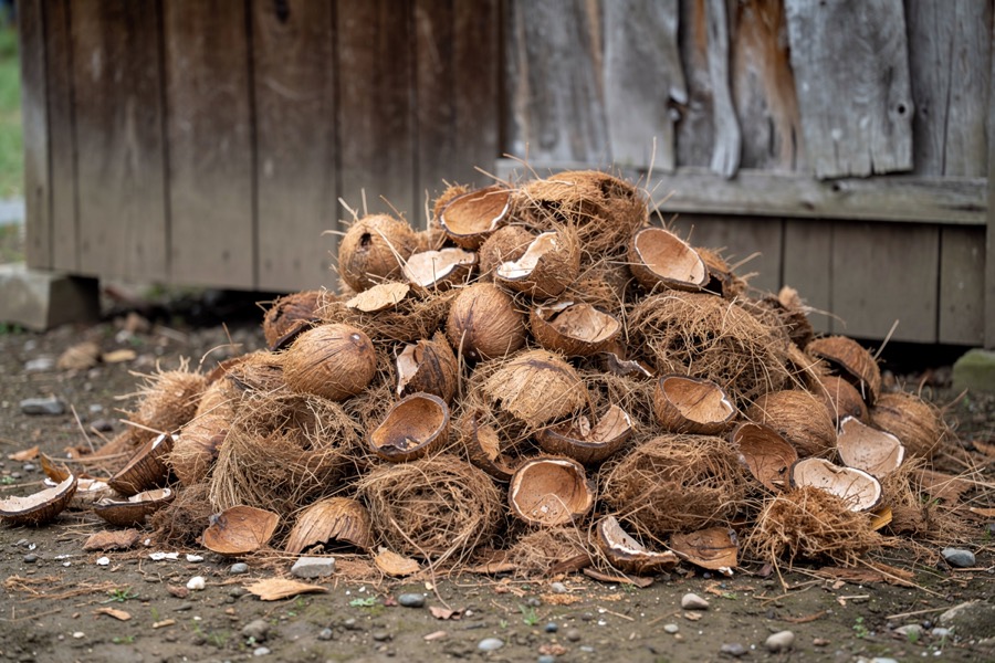 A pile of split coconut shells and fibrous husk outside a small shed