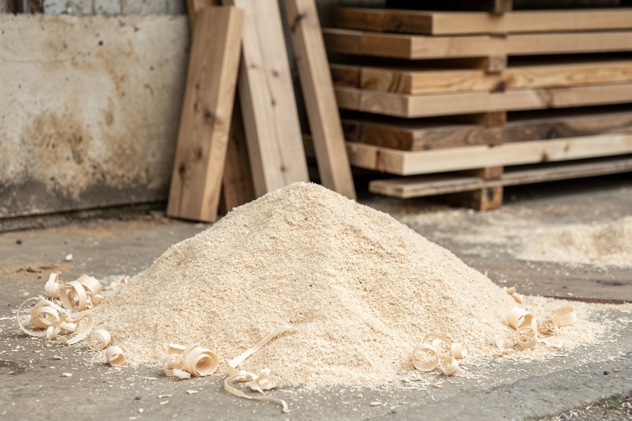 A mound of sawdust and wood offcuts beside a carpentry workshop