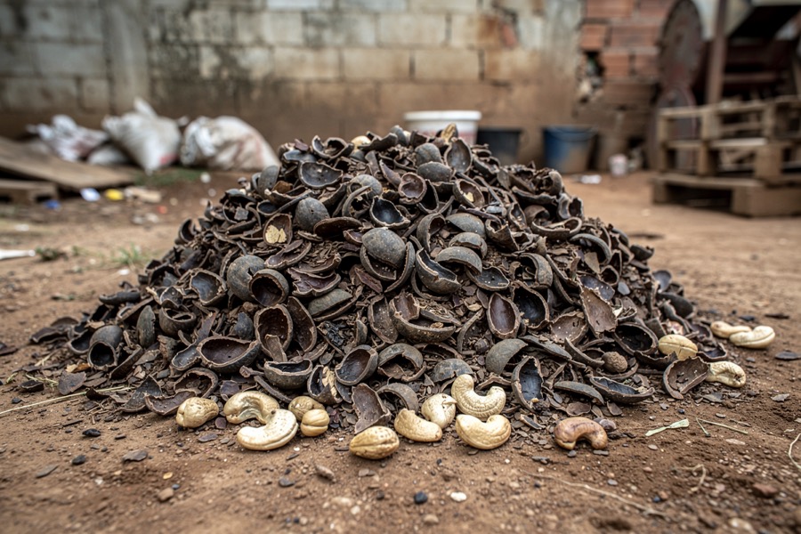 A heap of dark cashew nut shells in a small processing yard