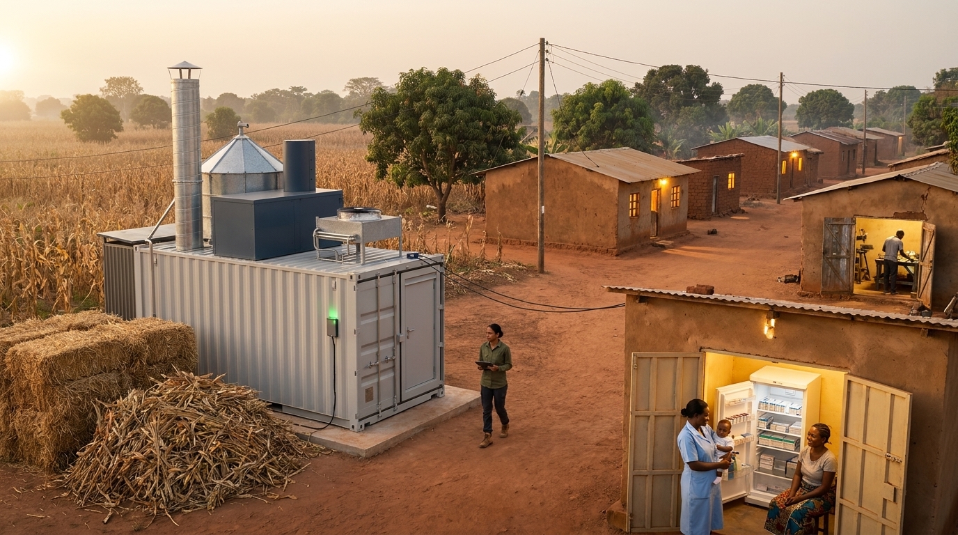 Illustration of a village at golden hour: a containerised power unit beside stacked residue bales, power lines running to mud-brick homes with lit windows, maize fields, and a health post with a working vaccine fridge.